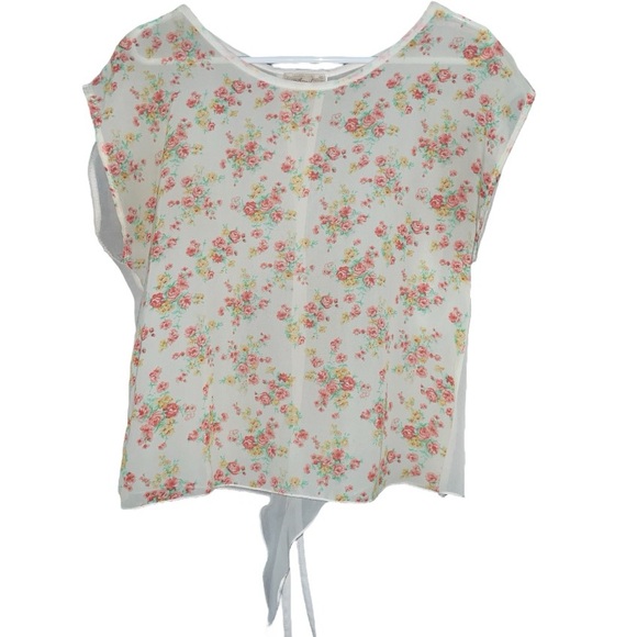 April U.S.A floral sheer blouse size medium back tie short sleeve see thru - Picture 2 of 13